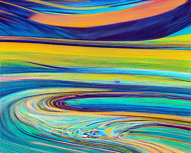 Image similar to A wild, insane, modernist landscape painting. Wild energy patterns rippling in all directions. Curves, organic. Saturated color. Mountains. Clouds. Rushing water. Wayne Thiebaud.