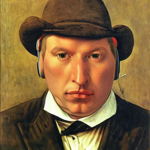 Prompt: face head whiskers ears Portrait of John Madden Hippo announcer standing atop a gridiron football field whilst wearing headphones whilst speaking into microphone booms eugene delacroix christian schad ilya repin giorgio de chirico giotto leonardo da vinci watercolor pastel oil