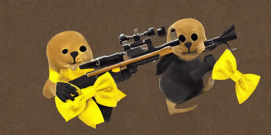 Image similar to a seal with a yellow bow tie holding a rifle and a severed hand