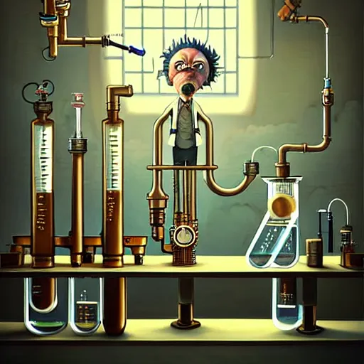 Image similar to steampunk mad scientist Funny cartoonish with test tubes at a science lab, einstein, old mad scientist, by Gediminas Pranckevicius H 704