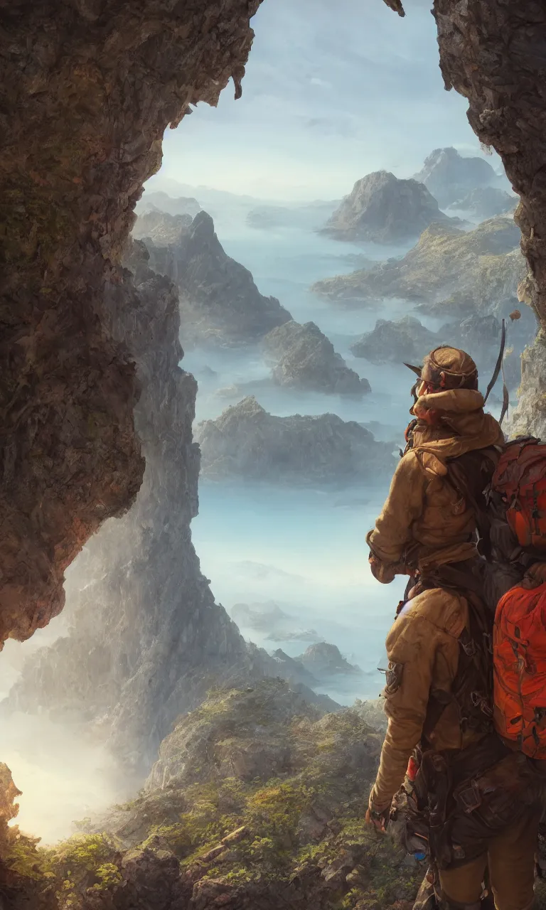 Image similar to an oil art close - up centered adventurer with a leather hiking rucksack on his back looking out to a view from a cliff looking out to a fantasy mountain landscape, 4 k, ultra detail, volumetric lighting, unreal engine, octane render, tom bagshaw, andreas rocha