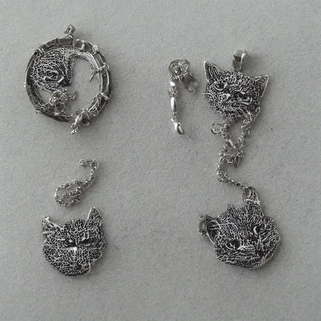 Prompt: Silver embroidered amulet, realistic, clean, cat,