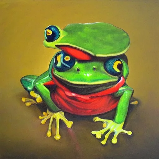 Image similar to frog with a sword, oil painting