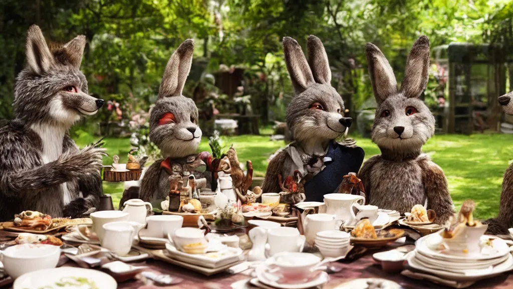 Image similar to film still from the movie chappie outdoor park plants garden scene bokeh depth of field several figures sitting down at a table having a delicious grand victorian tea party crumpets furry anthro anthropomorphic stylized cat ears wolf muzzle head fox fur rabbit bunny