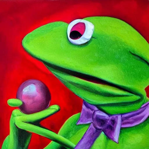 Image similar to portrait of kermit the frog with salvadore dali mustache, expressive oil painting