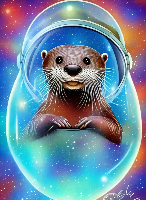 Image similar to a portrait of a cute otter with a space helmet, swimming through a beautiful galaxy!!!, detailed, artstation