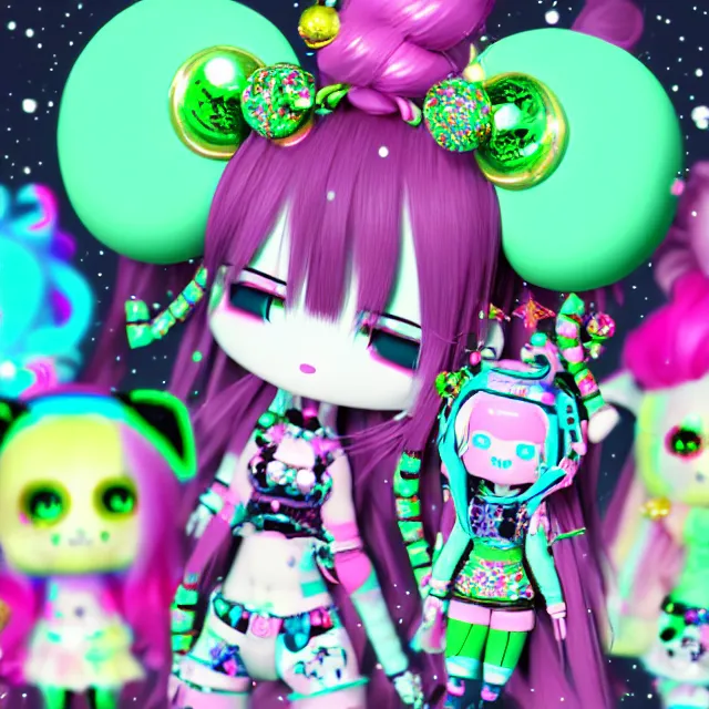 Image similar to cybergoth decora glitchcore yokai girl, sanrio ornaments, pastel cute cinematography