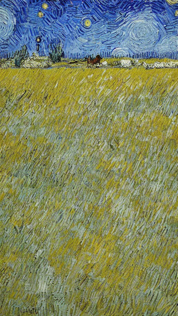 Image similar to A white and yellow dog was rolling in the field,In the style of Van Gogh.