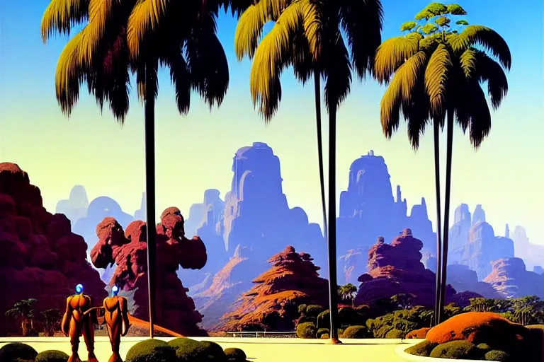 Image similar to natural american landscape | robot greeting another robot | palm trees | snowy mountains, painting by syd mead and weta studio and james jean, frank frazetta, highly detailed, rule of third, soft lighting, 8 k resolution, oil on canvas, architectural magazine, beautiful detailed, insanely intricate details, artstation trending, hypermaximalistic, high details, cinematic