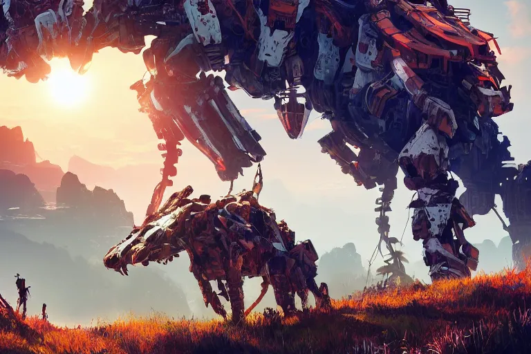 Image similar to scrapper machine creature robot of horizon forbidden west horizon zero dawn radiating a glowing aura global illumination ray tracing hdr fanart arstation by ian pesty and alena aenami artworks in 4 k