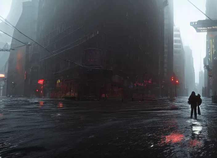 Image similar to dark, misy, foggy, flooded new york city street in Destiny 2, liminal creepy, dark, dystopian, highly detailed 4k in-game screenshot leak datamine from reddit