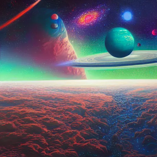 Image similar to space landscape, illustration painting, oil on canvas, intricate, portrait, detailed illustration, hd, digital art, overdetailed art, concept art, complementing colors, detailed, illustration painting by alex gray, digital art, overdetailed art, concept art, complementing colors rendered by beeple, syd meade, cgsociety, rendered in unreal engine