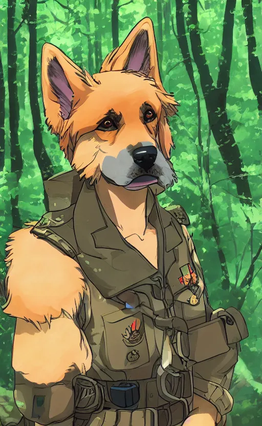 Image similar to close up character portrait icon of the german shepard military uniform head animal person fursona wearing clothes standing in the bright forest, hidari, color page, tankoban, 4 k, tone mapping, akihiko yoshida