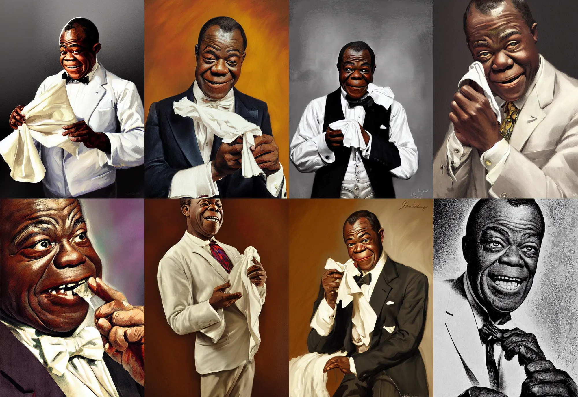 Image similar to a portrait of louis armstrong holding a white handkerchief, by joseph christian leyendecker, dramatic lighting, highly detailed digital painting