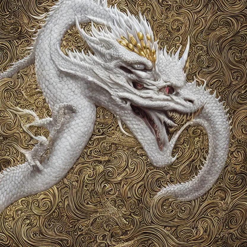 Image similar to amazing exquisite matte painting, close - up portrait of a chinese white dragon, sacred, shimmer, exquisite detail, huge details, gold detailed line work, by xision and yukii morita,, james jean, trending on artstation