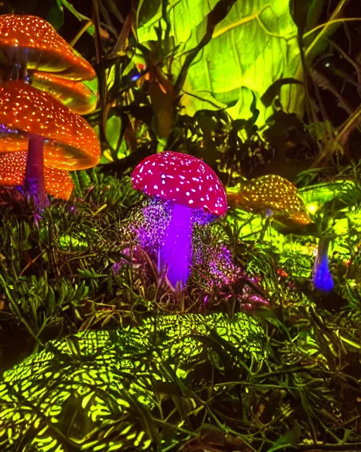 Prompt: uv - induced visible fluorescence in tropical pandora flowers and mushrooms blossom at night, dark background