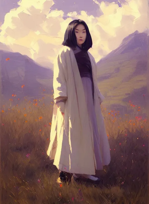 Image similar to portrait of Nezuko, countryside, calm, fantasy character portrait, dynamic pose, above view, sunny day, thunder clouds in the sky, artwork by Jeremy Lipkin and Giuseppe Dangelico Pino and Michael Garmash and Rob Rey, very coherent asymmetrical artwork, sharp edges, perfect face, simple form, 100mm