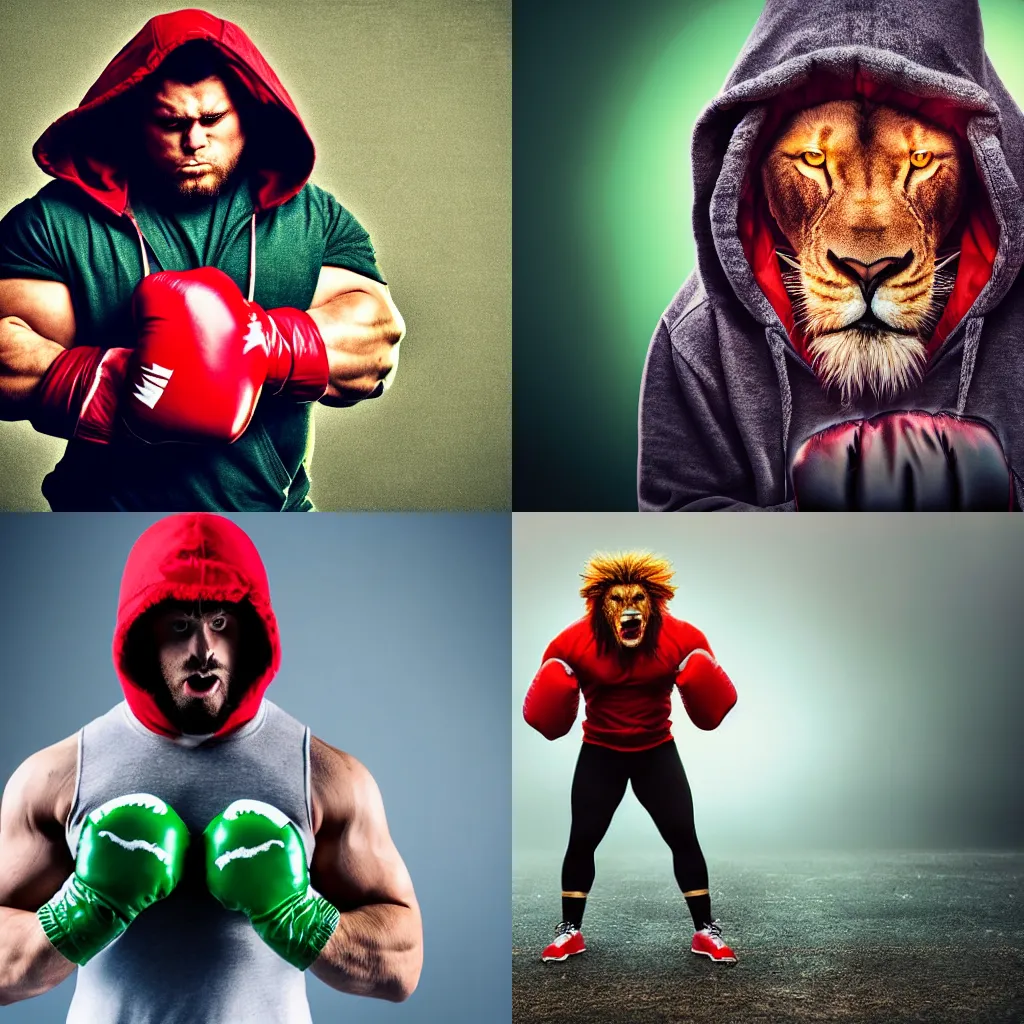 Prompt: high detail cinematic photograph portrait , epic pose mutant powerlifter muscular oversized mutant angry lion with big eyes is wearing dirty red hoodie and green boxing gloves, very dramatic dark studio blue backlight fire and fog