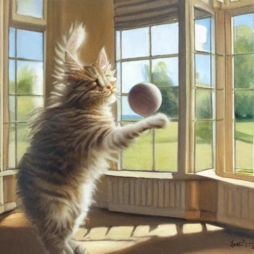 Prompt: cream color maine coon cat chasing a ball in a sunlit bedroom, bay window sofa, high energy, by Jeff Easley