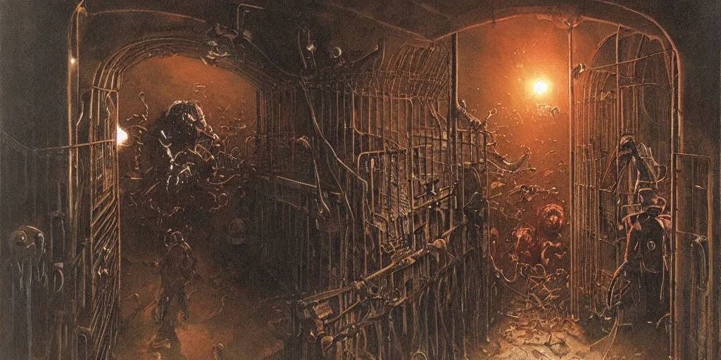 Image similar to Artwork by Les Edwards of the cinematic view of the Seventh Terrifying Prison.