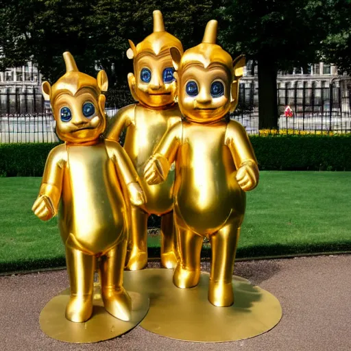 Prompt: gold statues for the teletubbies outside buckingham palace