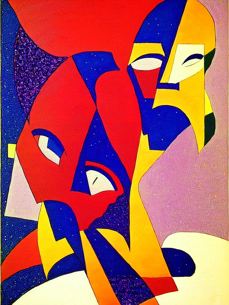 Image similar to pretty painting by kazimir malevitch suprematism moebius comics + beautiful realistic face in the middle, muted colors with glitter