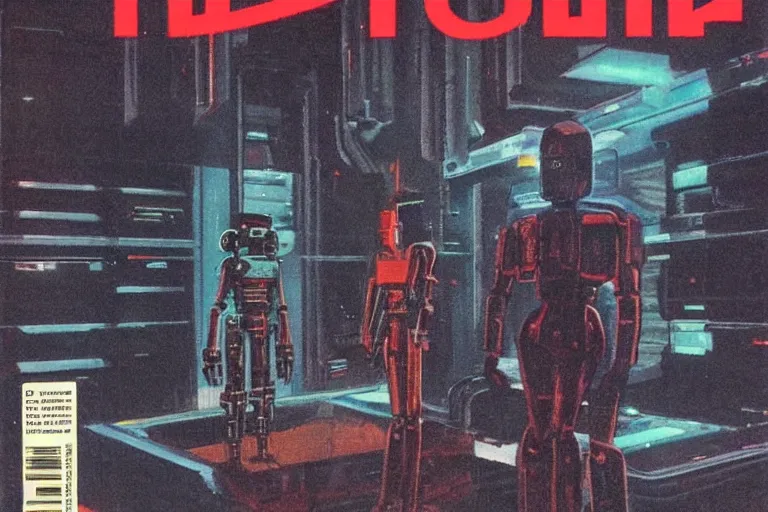 Image similar to 1979 OMNI Magazine Cover depicting a creepy imposing Robot standing in a throne room. Cyberpunk Akira style by Vincent Di Fate