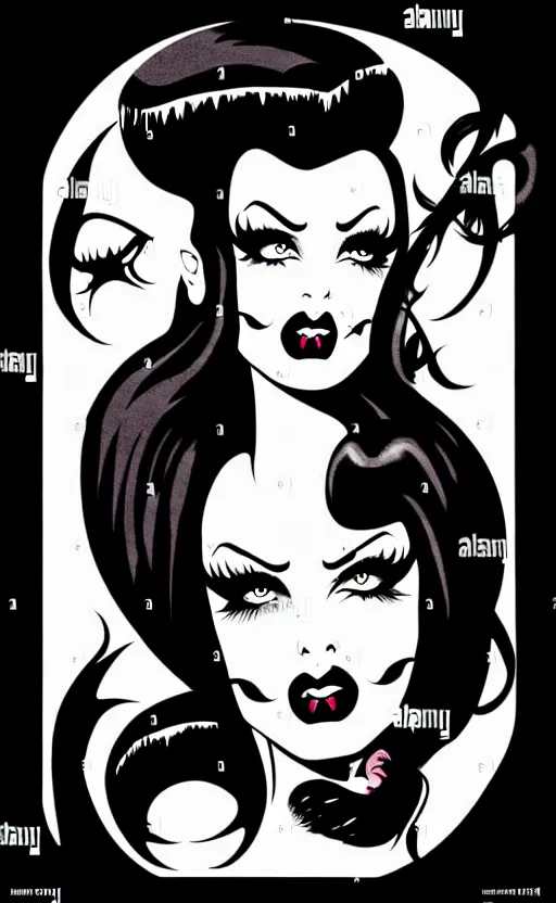 Image similar to goth girl with a detailed face and black hair, burlesque psychobilly, rockabilly, punk, white background, vector art, illustration by frank frazetta