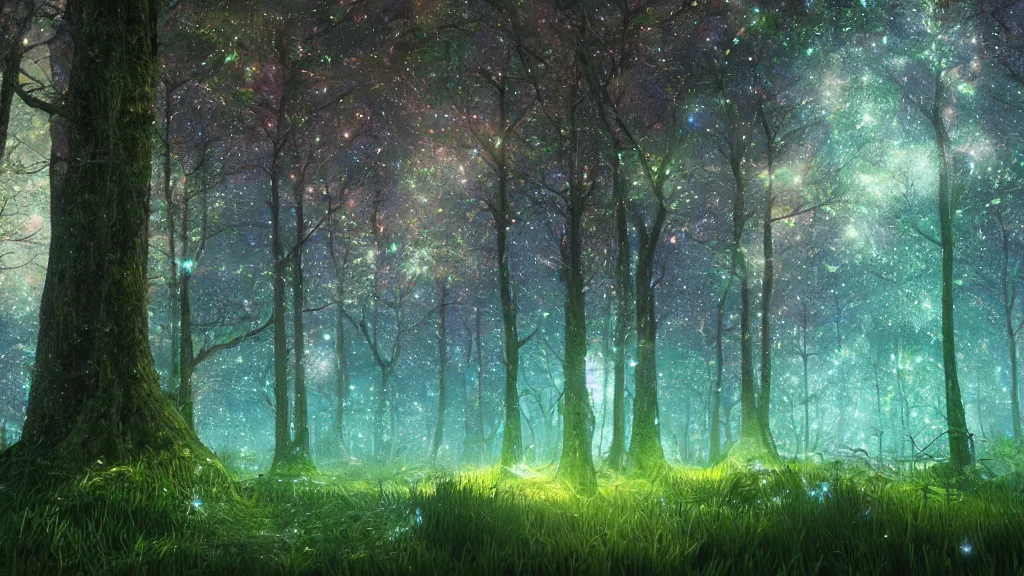 Prompt: beautiful lush ethereal magic mana ireland forest, night sky with dazzling stars, fairies, fireflies, bokeh, octane render, unreal engine, raytracing, crystallized, intricate, hyper detailed, light rays