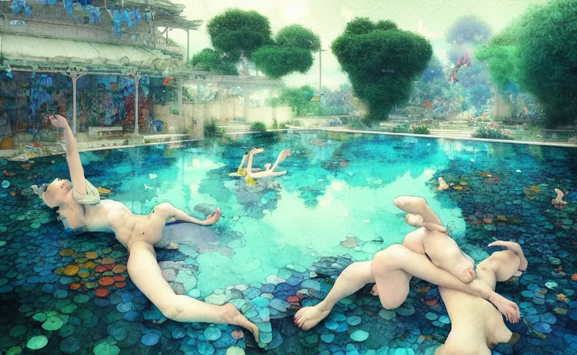 Prompt: swimming pool, fantasy. intricate, amazing composition, colorful watercolor, by ruan jia, by maxfield parrish, by marc simonetti, by hikari shimoda, by robert hubert, by zhang kechun, illustration, gloomy