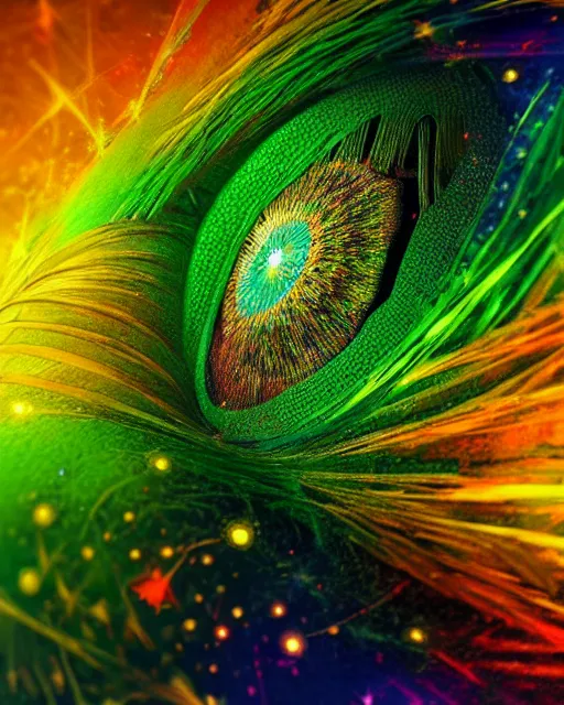 Image similar to a beautiful womans green eye reflecting a sky full of stars, hyper realistic, fractal algorightmic art, art station, coherent design, symmetrical, vivid color, complementary color, golden ratio, detailed, sharp lines, intricate, rainbowshift, in unreal 3 d engine, nvidia optix, ray tracing, octane render