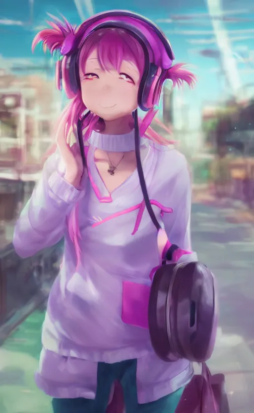 Image similar to anime girl with pink ponytail, wearing purple headphones, wearing a green sweater, with a smile on her face and her eyes closed, walking down a street, dynamic lighting, photorealistic fantasy concept art, trending on art station, stunning visuals, creative, cinematic, ultra detailed