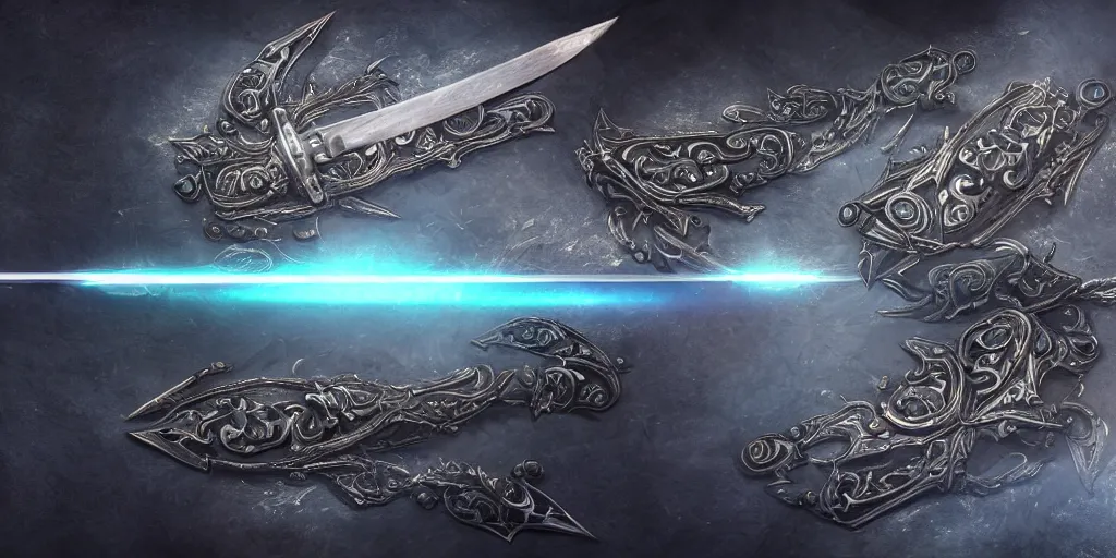 Image similar to legendary cybernetic full long sharp sword lying flat on a glowing table with a black and iridescent sword blade, digital award winning hd matte painting, intimate dark moody, intricate, ornate spikes, colorful gems on hilt, detailed realistic raytraced blade, future golden technological pommel, in the style of krenz cushart, deviantart