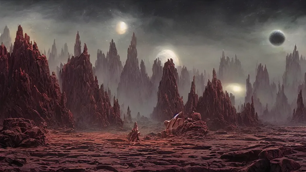 Prompt: eerie atmospheric alien worlds by michael whelan and stephan martiniere, epic cinematic matte painting