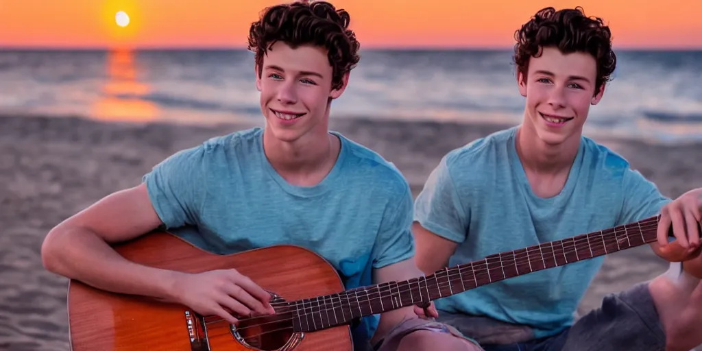 Image similar to Shawn Mendes en la playa tocando la guitarra at sunset
