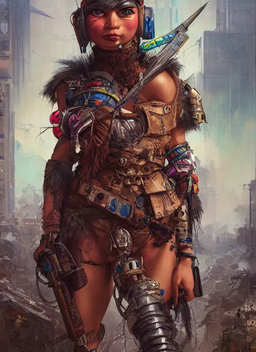 Prompt: hyper realistic photography portrait of postapocalyptic cyberpunk asian cyborg tribal warrior amazon cinematic, muppet show, brom, mucha, moebius juan gimenez artstation, cgsociety