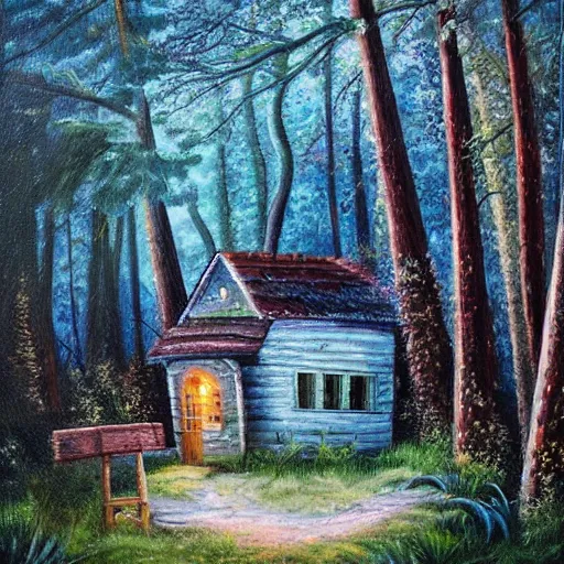 Image similar to oil painting, small house in the forest deep view, with amazing three's and fairytale around, 8 k, amazing illustration trending