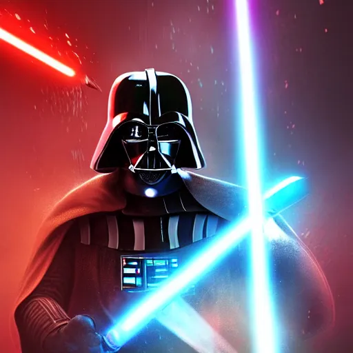 Image similar to portrait of darth vader wielding red lightsabre, league of legends amazing splashscreen artwork, legends of runeterra, splash art, natural light, elegant, photorealistic facial features, intricate, fantasy, detailed face, atmospheric lighting, anamorphic lens flare, cinematic lighting, league of legends splash art, hd wallpaper, ultra high details by greg rutkowski