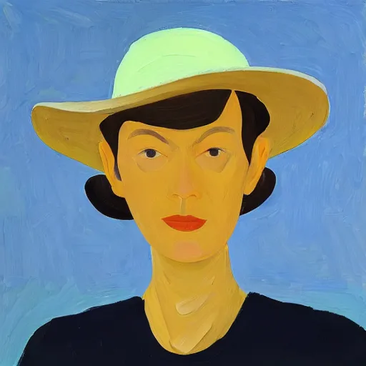 Prompt: woman with hat, by Alex Katz, colorful, light, oil on canvas