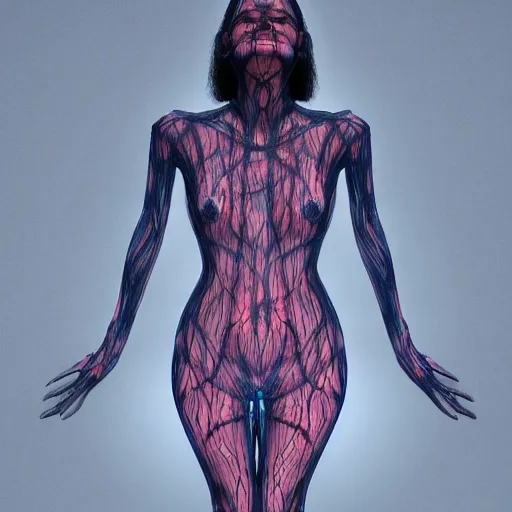 Prompt: a mesh female form composed of dark neurons and veins, see - through, subsurface illumination, cinematic, octane rander, photograph, 3 d, detail, character concept, portrait, dramatic lighting