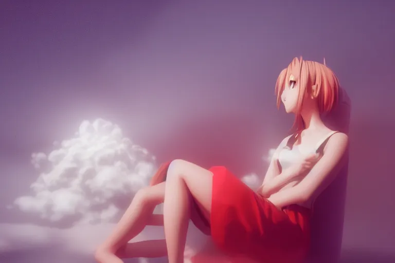 Image similar to a cute anime girl sitting on a cloud relaxing, red lighting, mist, blender render,