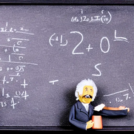 Prompt: claymation miniature scene of albert einstein standing in front of miniature blackboard with lots of mathematical formulas chalked on