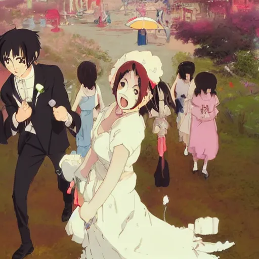 Image similar to Anime bride screaming and slapping a groom, funny, vivid colors, by studio ghibli and greg rutkowski
