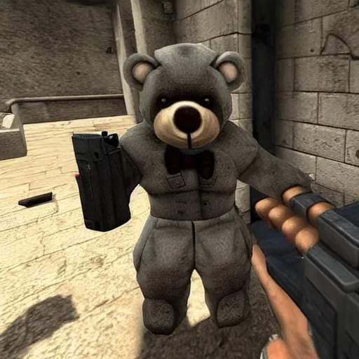 Prompt: a screenshot of a teddy bear inside a counter strike game, the teddy bear is holding a gun