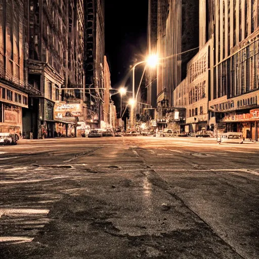 Image similar to color photograph, highly detailed abandoned New York city street at night after the war between humans and AIs, film grain, soft vignette, sigma 85mm f/1.4 1/10 sec shutter, film still promotional image, IMAX 70mm footage