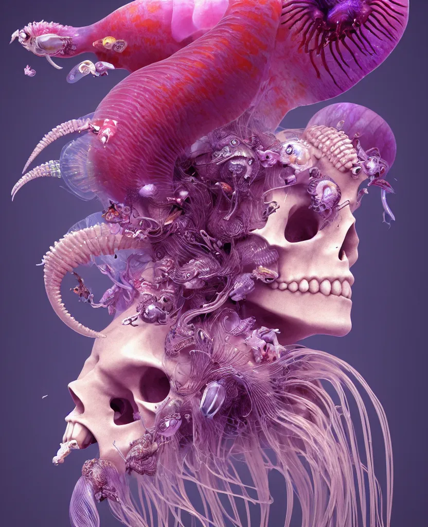 Image similar to goddess princess face close-up portrait ram skull. jellyfish phoenix head, nautilus, orchid, skull, betta fish, bioluminiscent creatures, intricate artwork by Tooth Wu and wlop and beeple. octane render, trending on artstation, greg rutkowski very coherent symmetrical artwork. cinematic, hyper realism, high detail, octane render, 8k