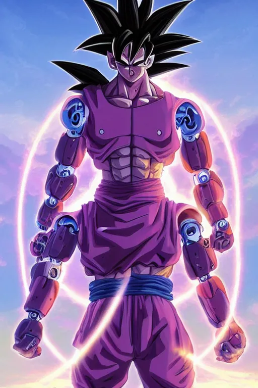Prompt: goku robotic clothes in the beach purple sun, pink lighting ultra realistic photorealistic highly detailed high quality, a stunningly, digital painting, artstation, concept art, smooth, sharp focus, illustration, art by artgerm and greg rutkowski and alphonse mucha 8 k