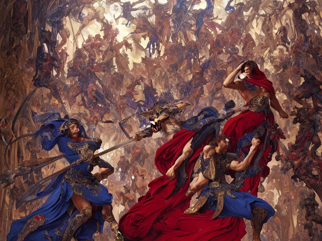 Prompt: epic battle between human warriors mages and demons, inside cathedrals and abbeys, fullbody!! dynamic action pose, religious, intricate, elegant, highly detailed, digital painting, artstation, concept art, smooth, sharp focus, red and blue color scheme, illustration, art by artgerm and greg rutkowski and alphonse mucha