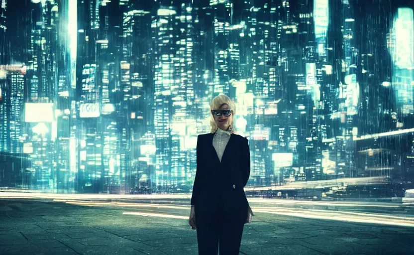 Image similar to a wide shot of a woman with a wool suit, blurred face, wearing an omega speedmaster on her wrist in a dystopian city at night with cyberpunk lights