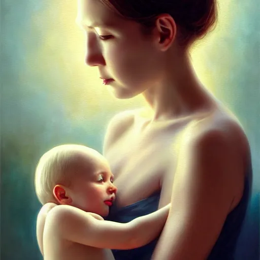 Prompt: pure love is patient love is kind, mother and child ; photorealistic oil painting by tom chambers and artgerm ; highly detailed cute faces by wlop ; trending on artstation ; 8 k high resolution, symmetrical, cinematic, high coherence, golden ratio, rule of thirds, perfectly centered ; anatomically correct faces